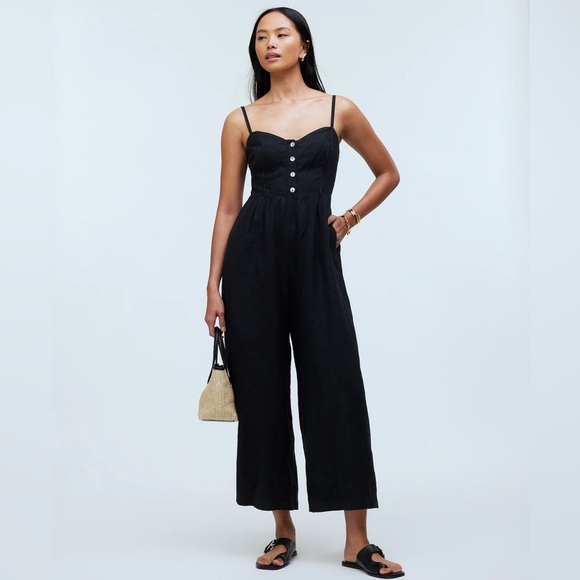 NWOT Madewell Sleeveless Wide-leg Jumpsuit in 100% Linen Front button Black Sz 2 - Picture 1 of 16